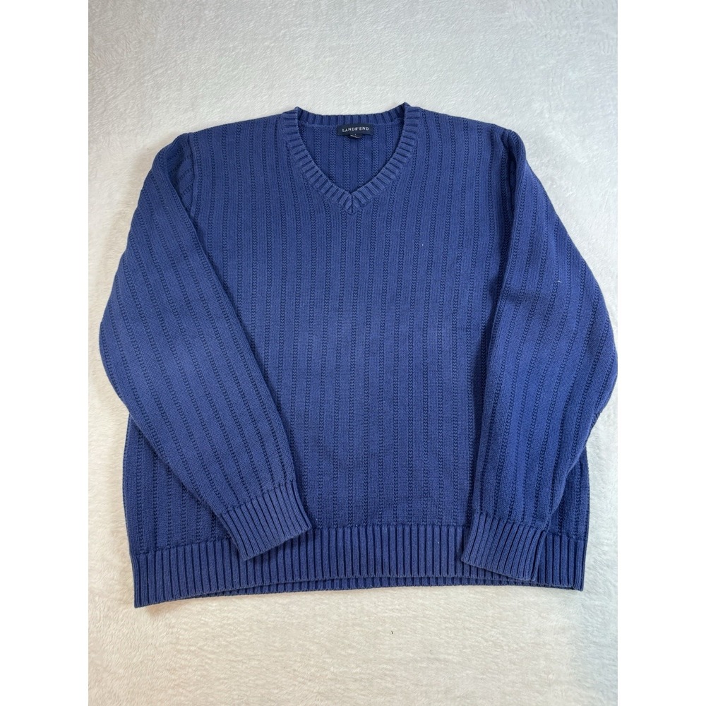 Vintage Lands End Fisherman Sweater Mens Large Navy Blue USA Made Cotton 90's